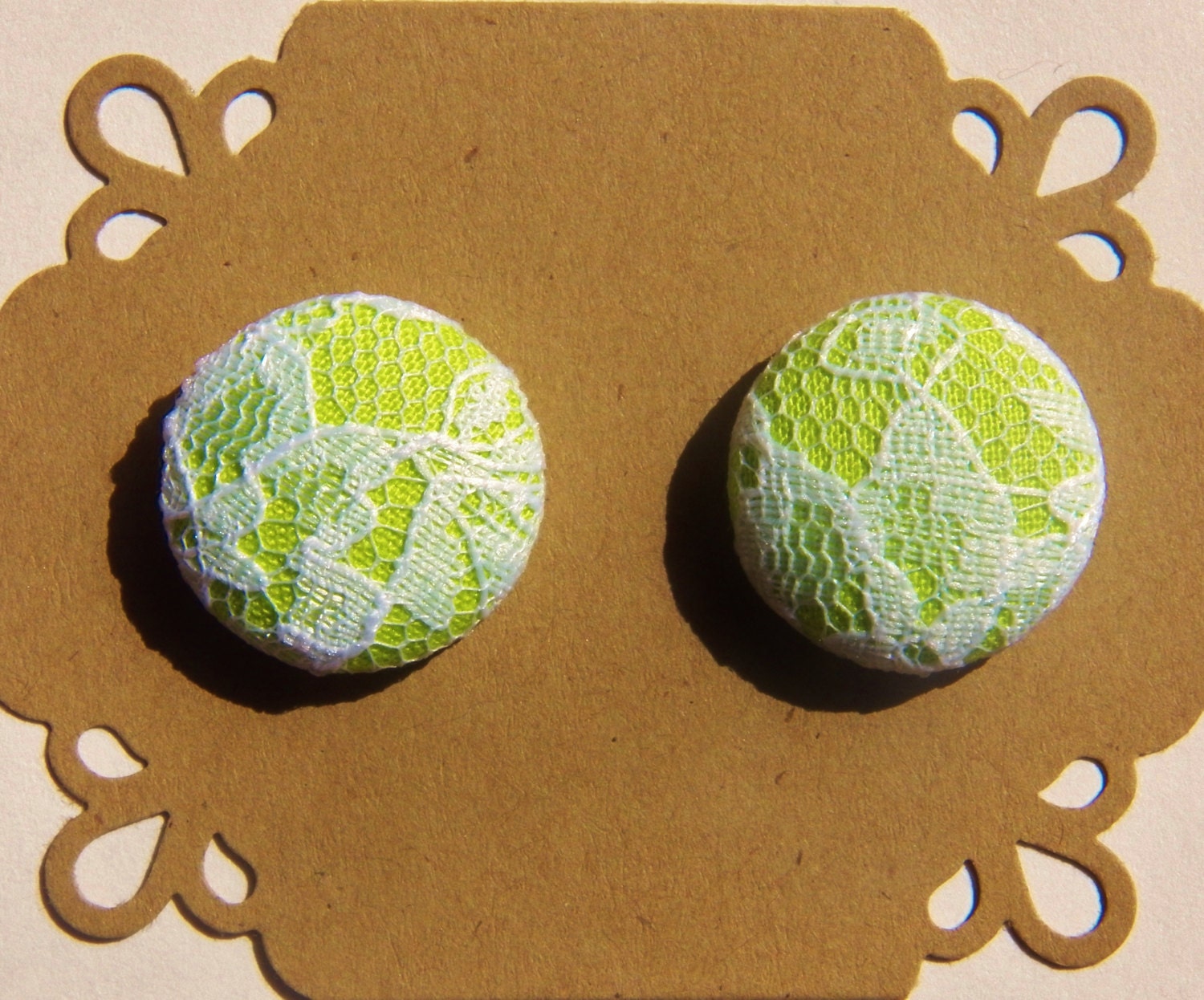 Lime Green and Lace Fabric Button Post Earrings - Button Earrings - Hypoallergenic Post