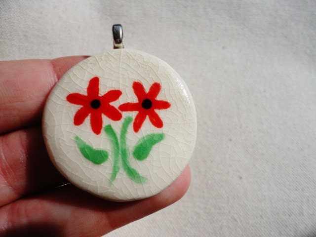 Handmade Round Ceramic Pendant Hand Glazed Kiln Fired Floral Flower White, Red, Green, Necklace Making, Jewelry Supply