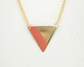 Minimalist Geometric Triangle Lined Necklace - Peach Hand Painted Modern Raw Brass Jewelry  - Gold Plated Chain