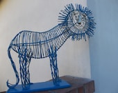 Lion Blue and Gold. Home Decor, Garden Decor, Wire Statue, Kitsch, Retro 80s, Upcycled