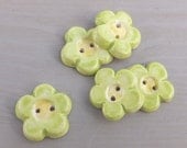 Ceramic flower flat back buttons handmade lime green light green and yellow pottery button