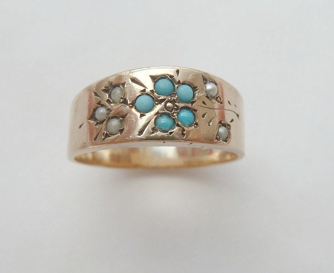 On hold and deposit for K// Pretty Antique Victorian Turquoise and Seed Pearl Flower Band 14k