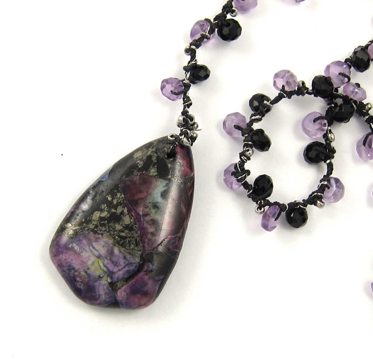 Purple Jasper Necklace, Purple Lariat Necklace Amethyst Necklace Onyx Beads Purple Beaded Necklace Sterling Silver Purple Necklace