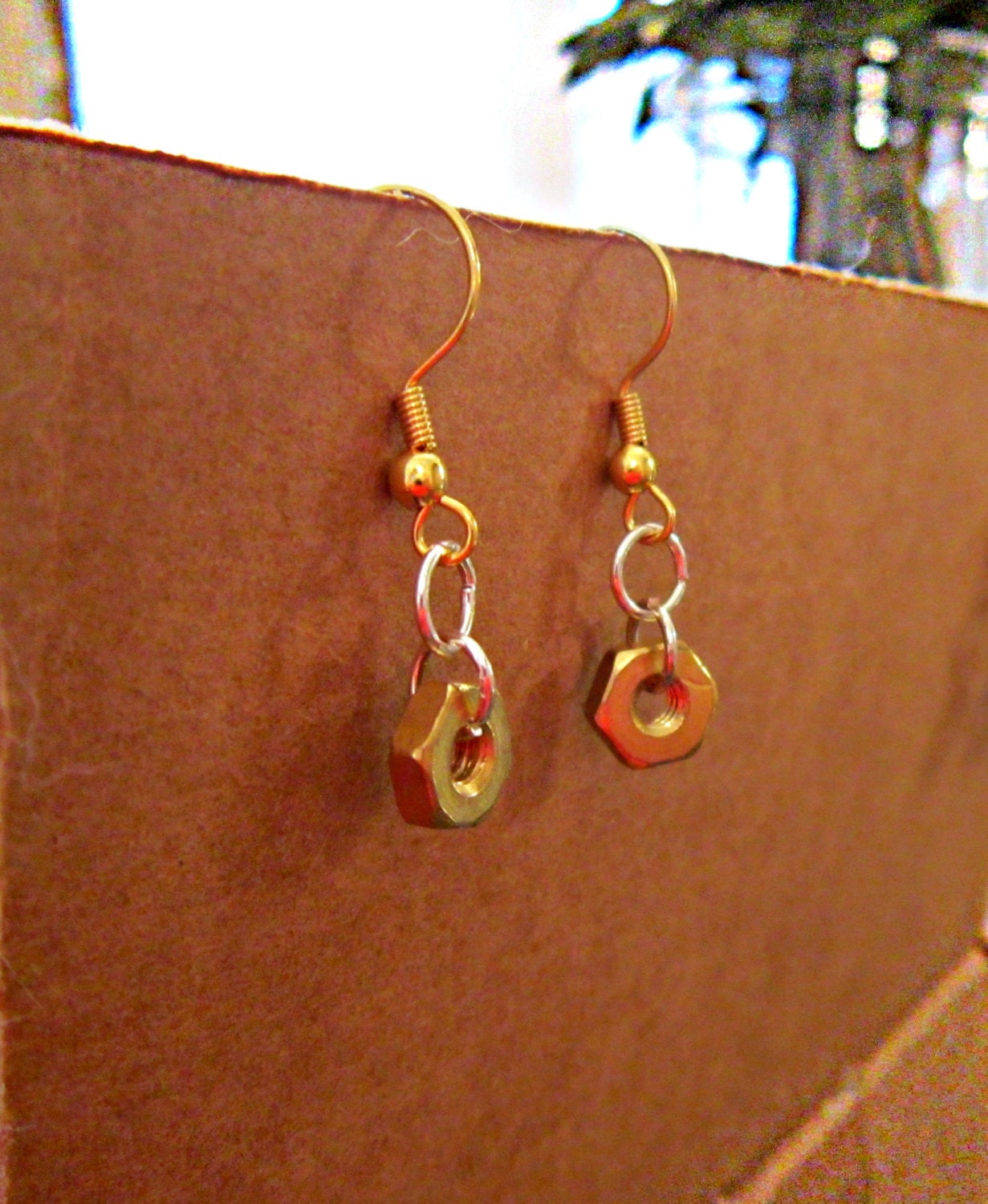 Handmade modern metal dangle industrial hardware earrings, fun flirty urban chic unique earrings, brass screw nuts, gold plated earrings