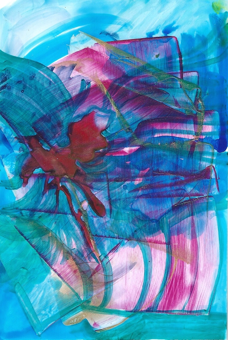 Abstract original painting Pink and Turquoise Splash contemporary interior design 12" x 18" wall art wall decor