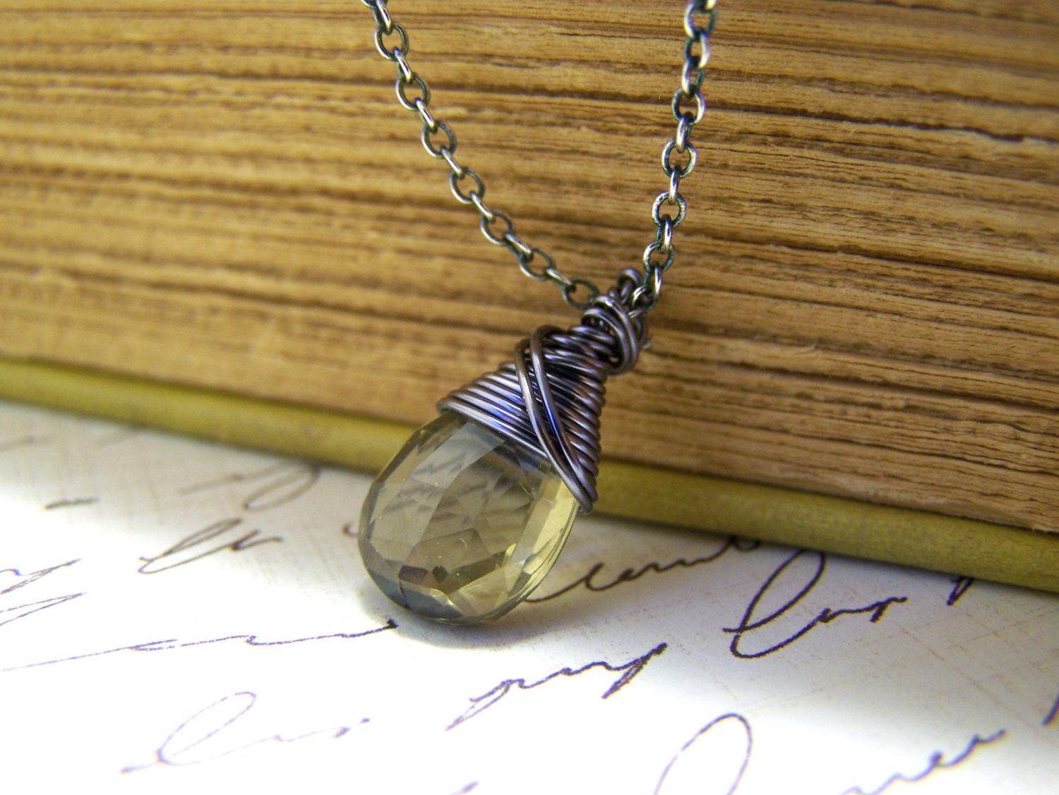Oxidized Sterling Silver Genuine Whiskey Quartz  Hematite Wire Wrapped Briolette Necklace / Gift for Her