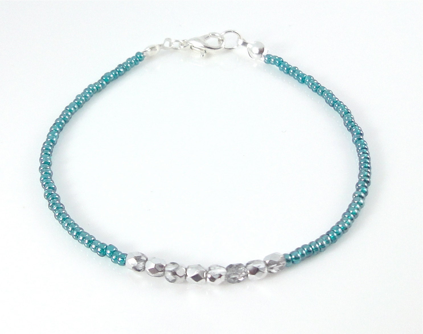 Dainty little friendship bracelet, tiny teal green / blue beads and silver Czech Crystals, thin bracelet, minimalist jewellery