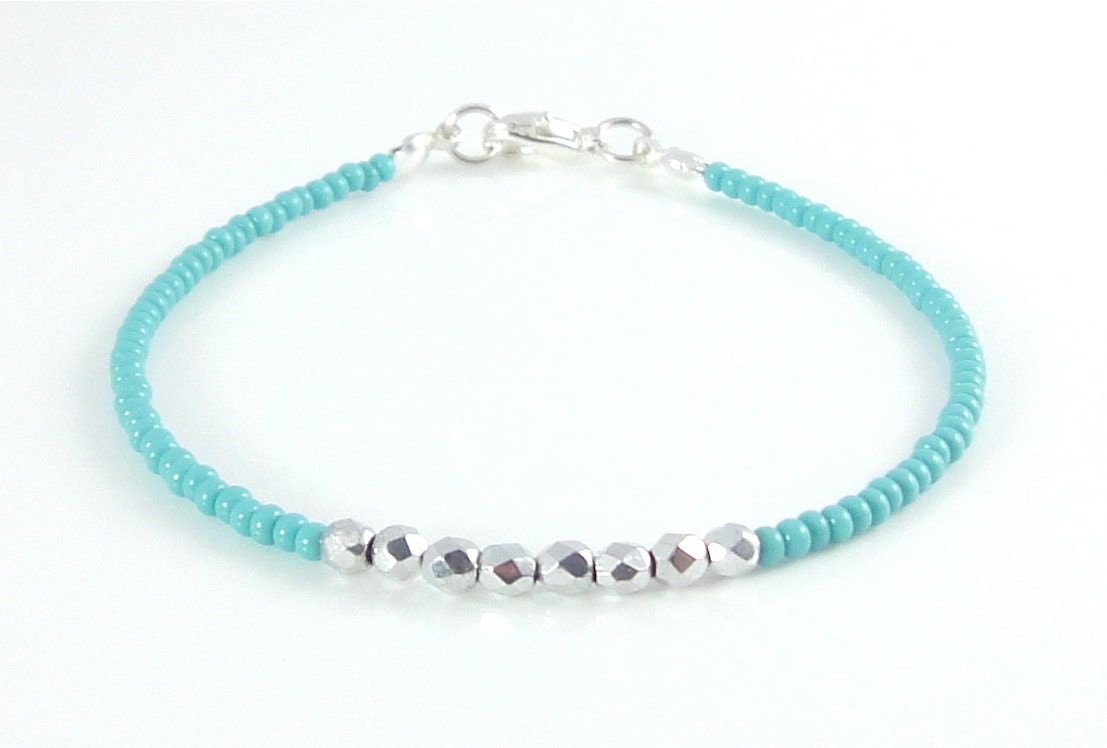 Dainty bracelet, tiny turquoise seed beads and metallic silver crystal beads, thin bracelet, minimalist jewellery