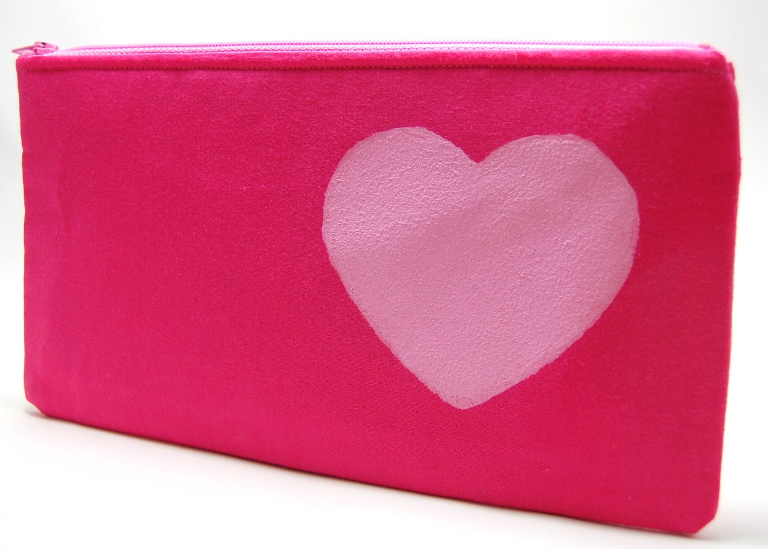 Cosmetic Bag, Bright Pink Zipper Pouch w/ Pale Pink Heart 9x5
