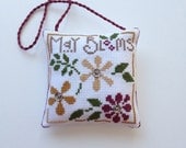 Completed Primitive Cross Stitch Ornament May Blooms Hanging Pincushion, Gift, Gift Tag