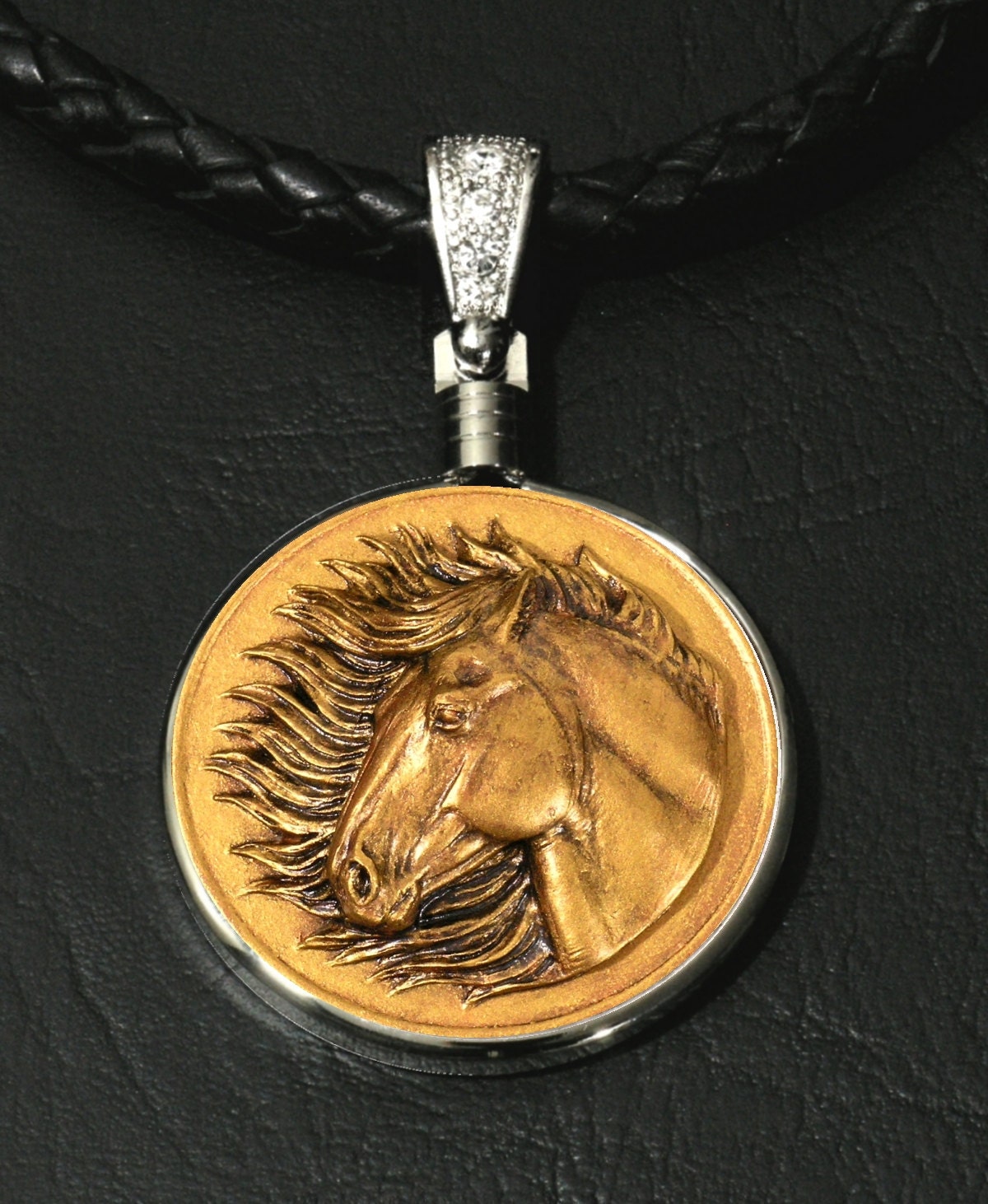 Wild Mustang Original Equine Art Medallion in Antique Gold Finish with 6mm Black Braided Leather Cord with Gift Box and COA