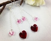 Siam (Red) & Light Rose (Pink) Swarovski Crystal Heart Earrings, Sterling Silver, Long Chain, Dangle, Bridal/Wedding Jewellery
