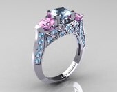 Modern 10K White Gold Three Stone Aquamarine Light Pink Sapphire Solitaire Engagement Ring, Wedding Ring R250-10KWGLPSAQ