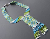 White, Blue and Green Ethnic  Beaded Necklace - beadwoven  necklace, traditional beadwork - free shipping
