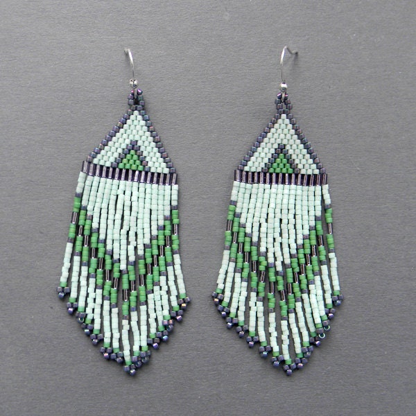 Mint seed bead earrings - boho style, dangle long earrings, peyote earrings, long beaded earrings