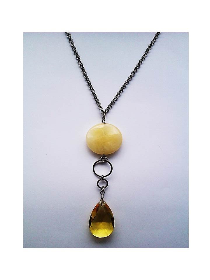 Yellow Crystal and Cream Agate Bead Necklace - Upcycle Jewellery