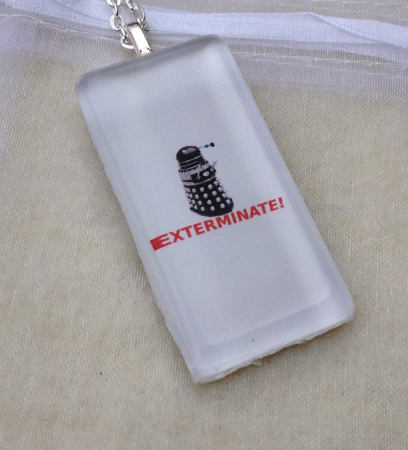 Doctor Who, Dalek, EXTERMINATE, Glass Tile necklace. 24" Silver plated Chain. Photo Art