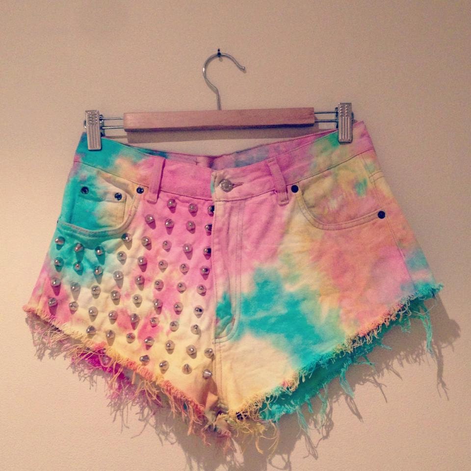 Rainbow tie dye high waisted vintage levi studded shorts