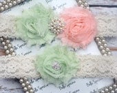 Mint Green and Peach Ivory Bridal Garter and Toss Garter - Mint and Peach Wedding Garter Set - Ivory Stretch Lace