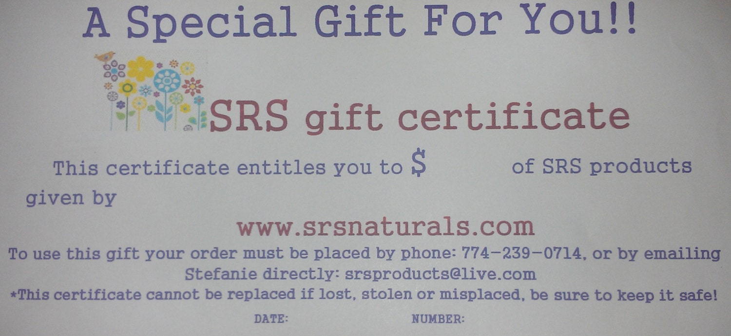 Buy homemade beauty products - SRS homemade natural products GIFT CERFTICATE 25 Dollars