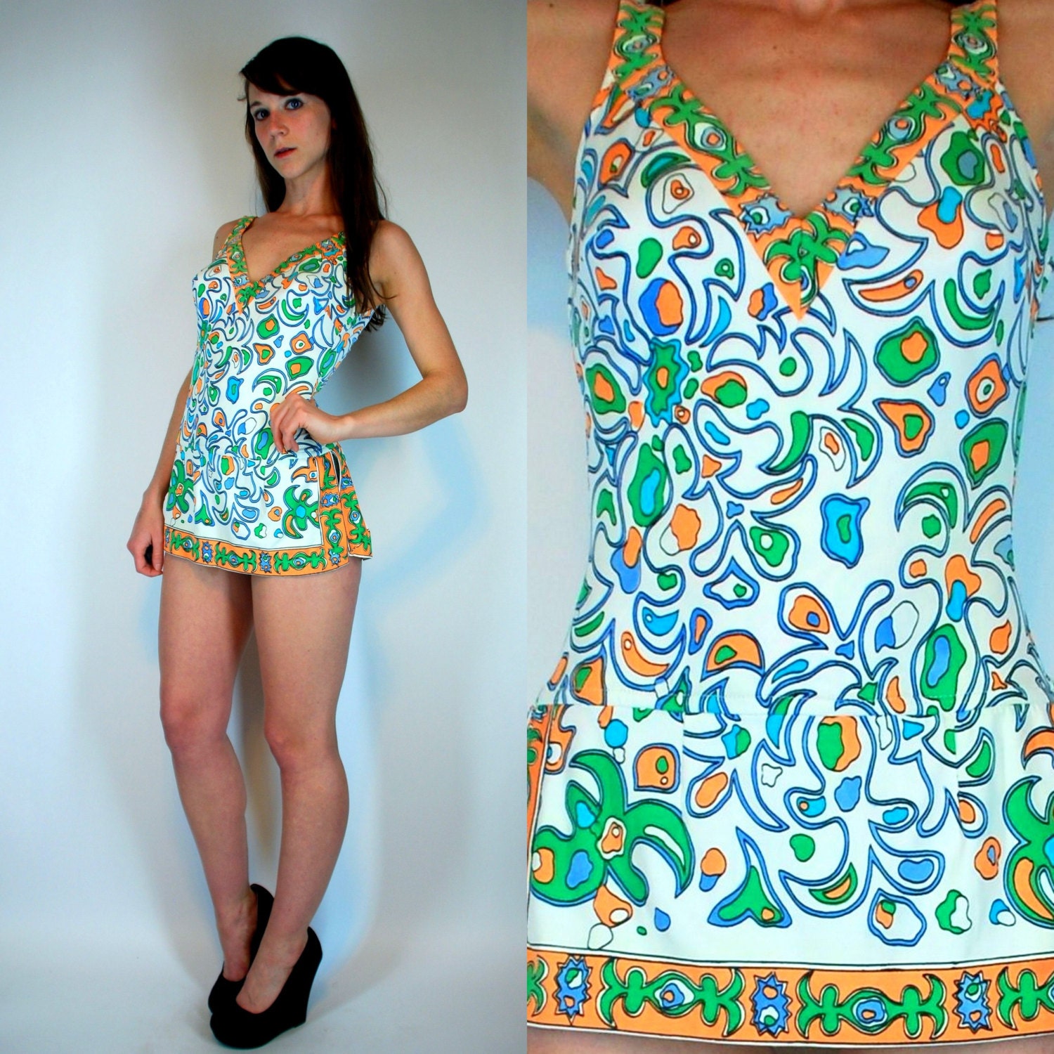 Vintage 50s Pucci print ROXANNE white Perfection Fit Pin Up Bullet Bra Mid Century Onepiece Swimsuit Bathing SUIT skirted Retro MOD