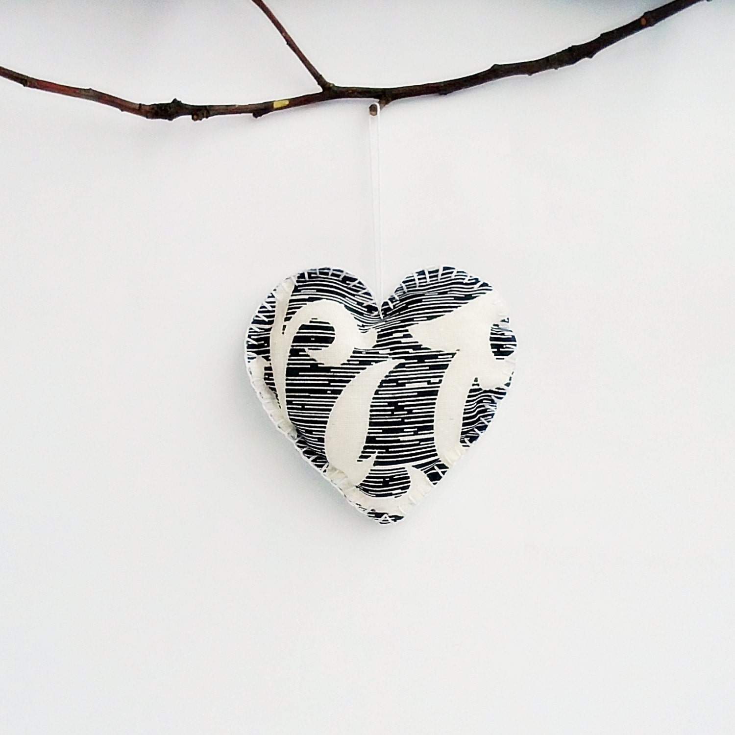 Valentine's Day Large Hanging Fabric Love Heart in Black, White and Ecru, Hearts Ornament, Valentine's Day Ornament