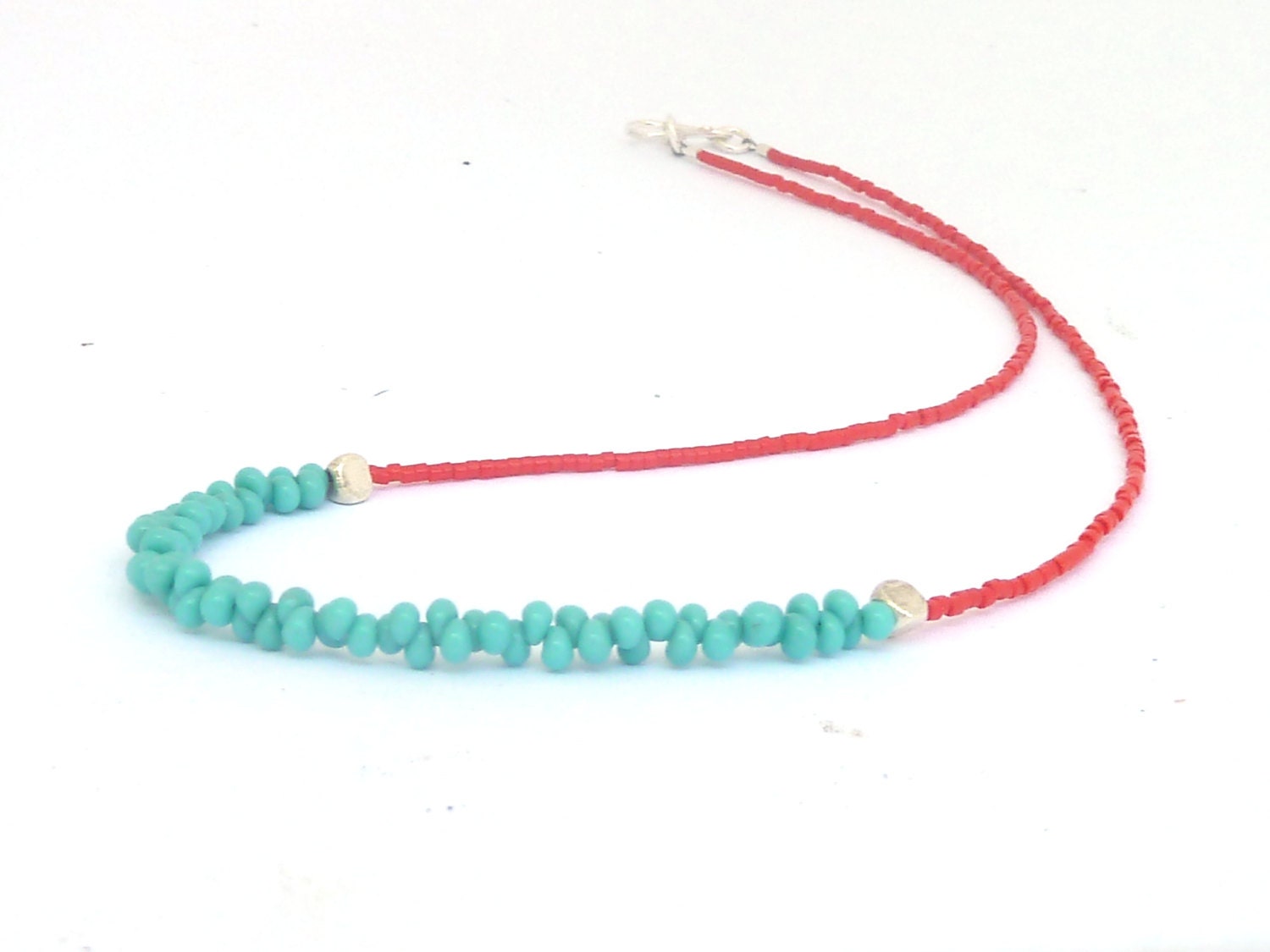 turquoise and red coral beaded necklace, minimalist necklace, spring summer jewelry