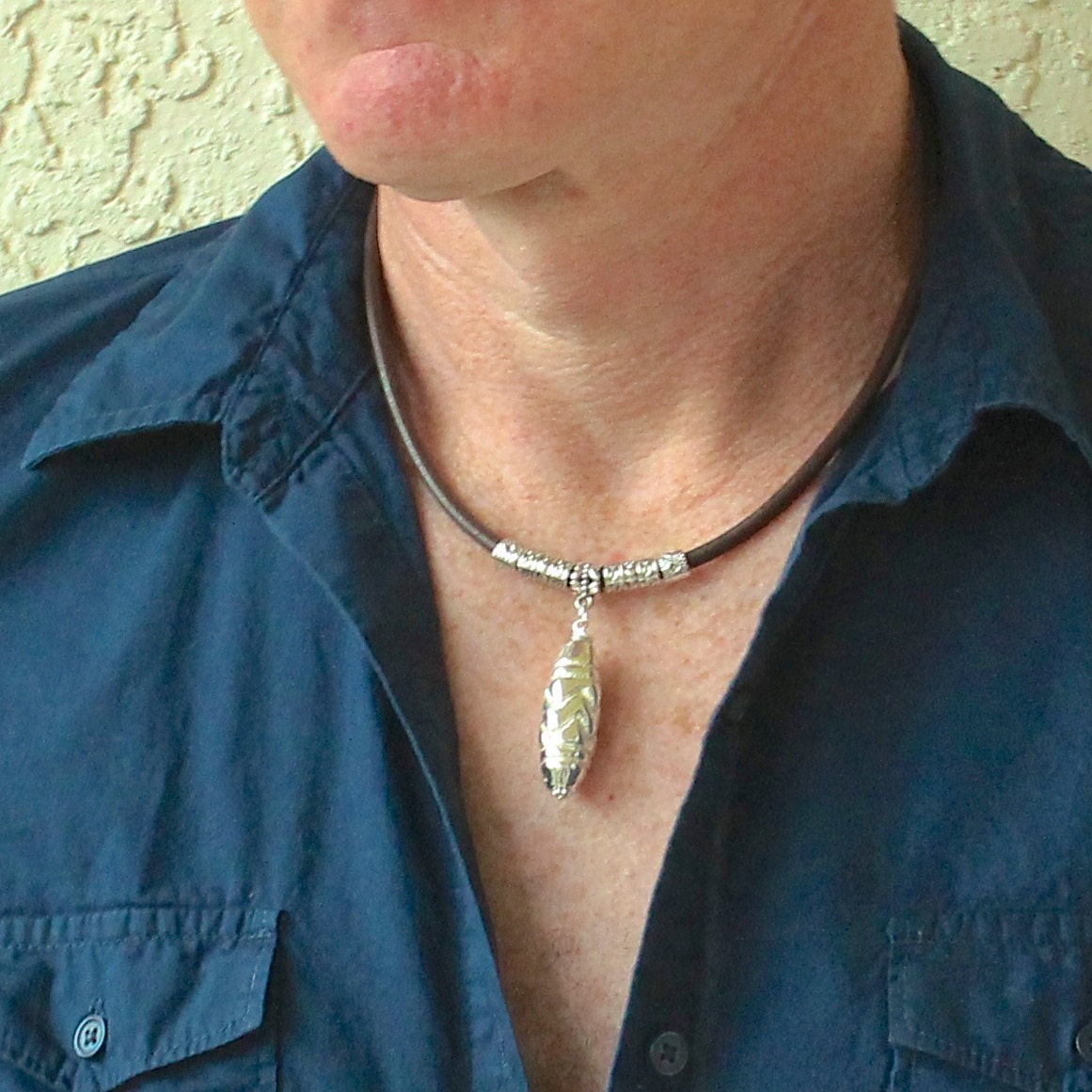 Men LEATHER Choker Necklace  - Unisex His or Hers Greek leather and Greek Silver Casting Barrel necklace - Wholesale Jewelry - Ref