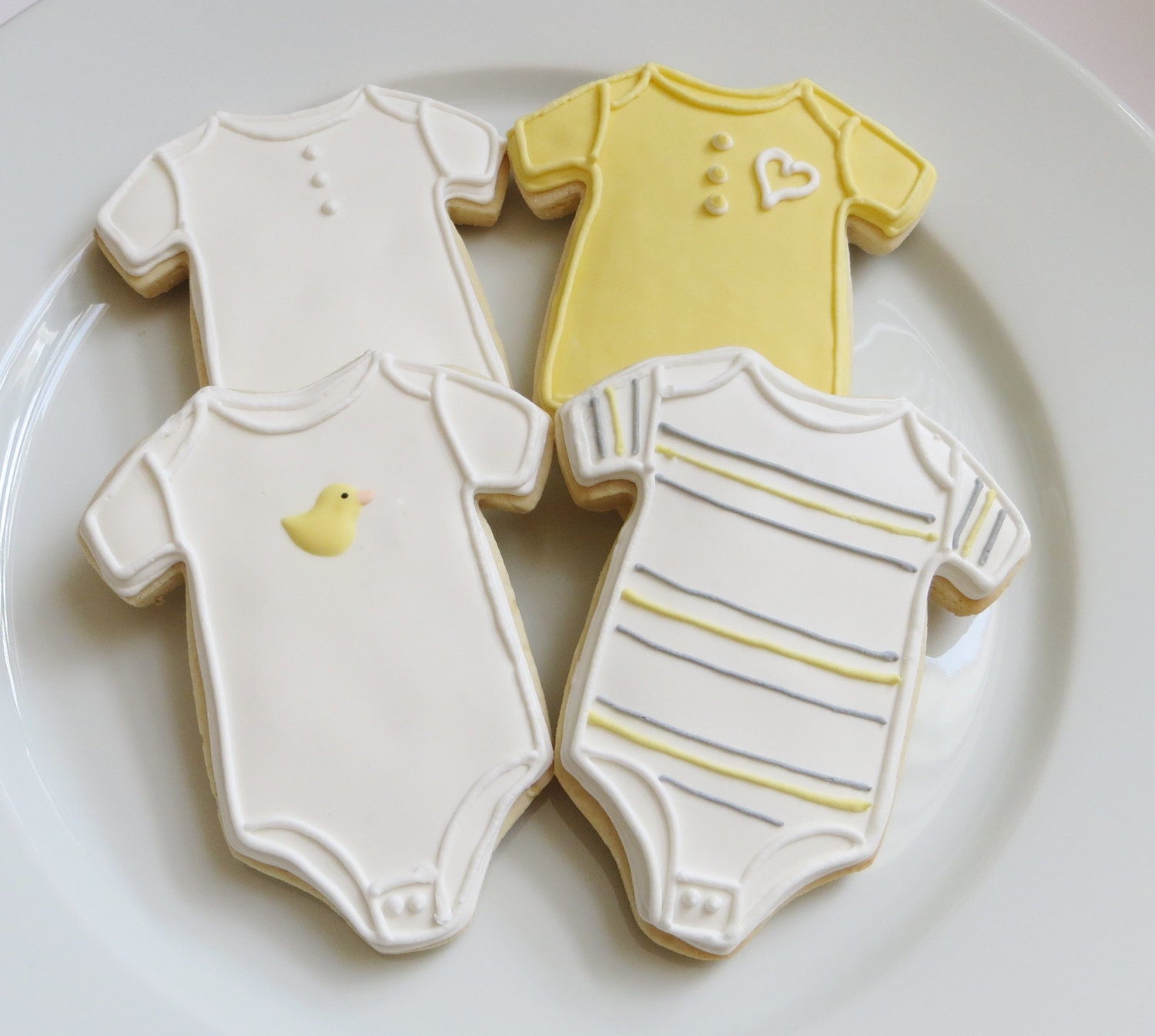 Onesie cookie favors for a baby shower or baby gender reveal party, decorated in gray and yellow, 1 dozen