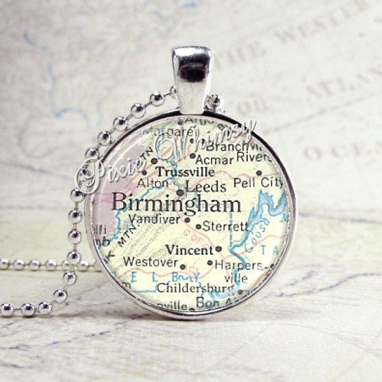BIRMINGHAM ALABAMA Vintage Map Jewelry Glass Tile Art Pendant Bezel Necklace with Free 24 Inch Chain