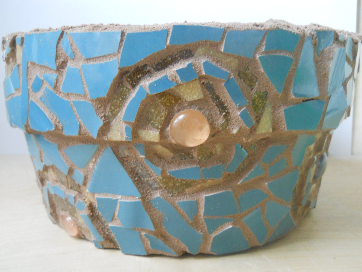 Mosaic Flower Pot  planter earthy teal and gold with glass bead