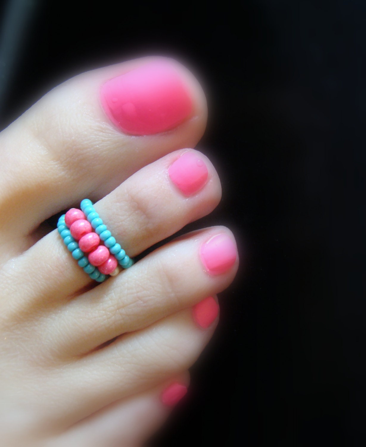 Toe Ring - Hot Pink - Turquoise - Stretch Bead Toe Ring