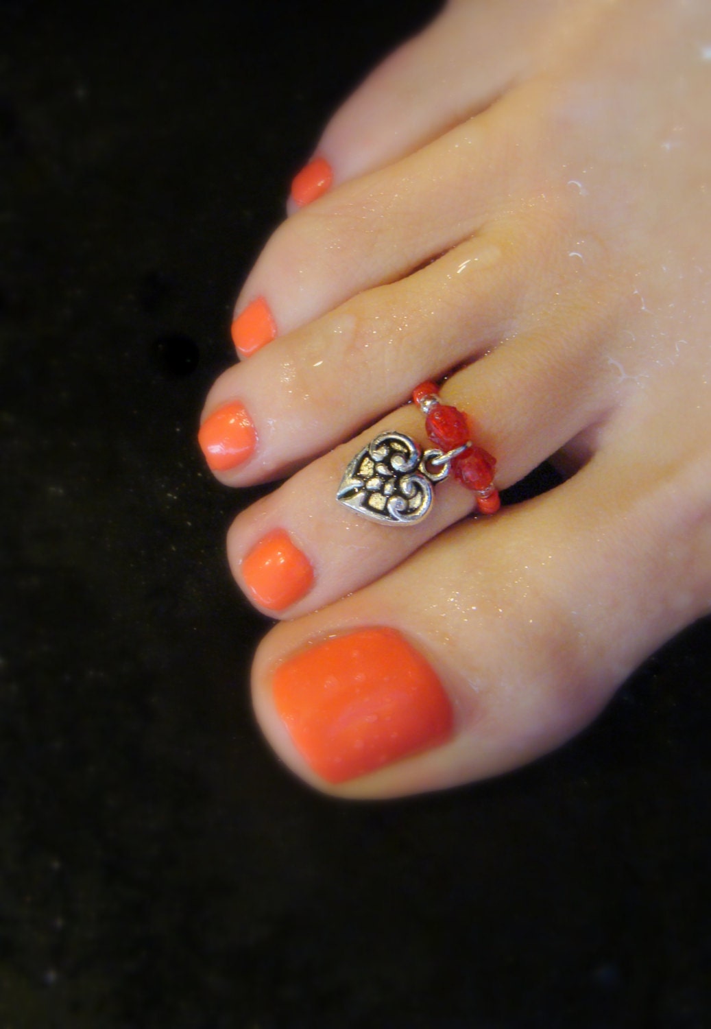 Toe Ring - Silver Heart Charm - Ruby Stretch Bead Toe Ring