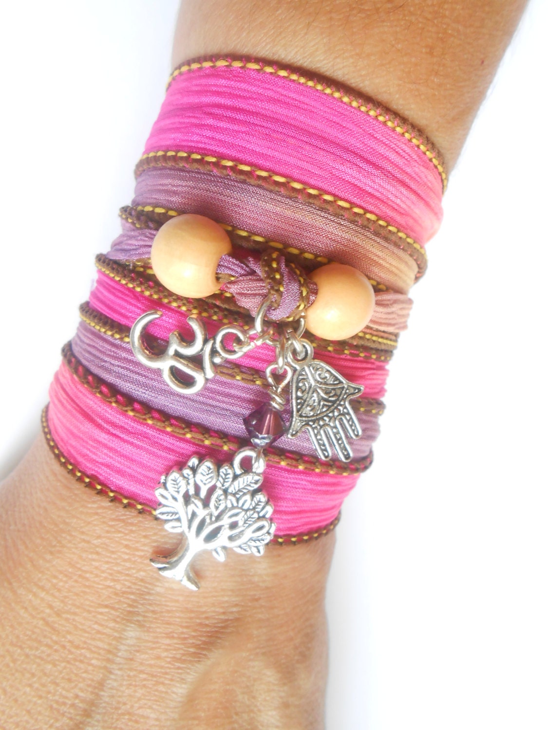 Tree of life Silk wrap bracelet Om Yoga bracelet Hamsa Namaste jewelry Bohemian jewelry Birthday Unique Gift for her under 30