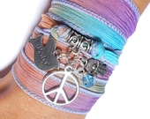 Bohemian Peace Wrap Silk Bracelet,Hamsa,Dove,Charms Bracelet,Yoga Jewelry,Peace On earth Bracelet,Birthday Gift Idea Under 30