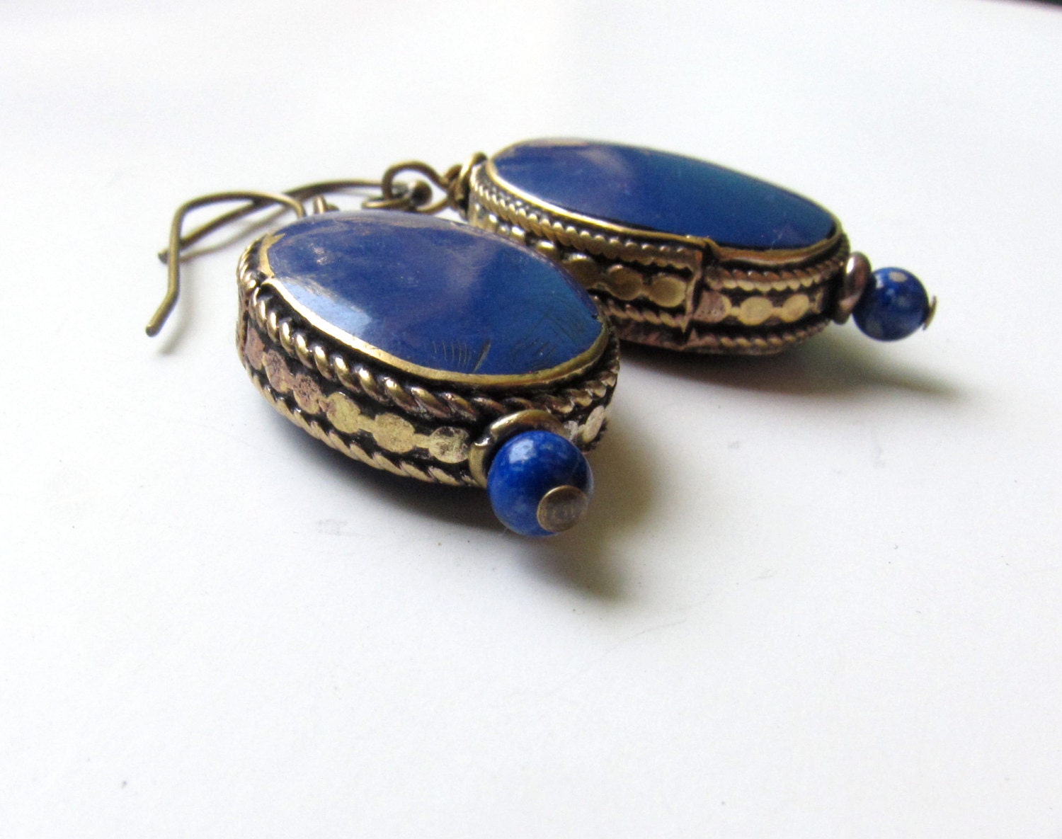 Brass and Lapis Lazuli Tibetan  Earrings  Handmade   Tibetan Jewelry, Exotic Earrings, Teal, Blue, Gold, Moroccan