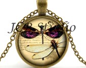 Dragonfly Necklace - Dragonfly Pendant - Dragonfly Jewelry - Vintage Bronze Purple Dragonfly Art - Bug Picture Jewellery - Gift Bag Included