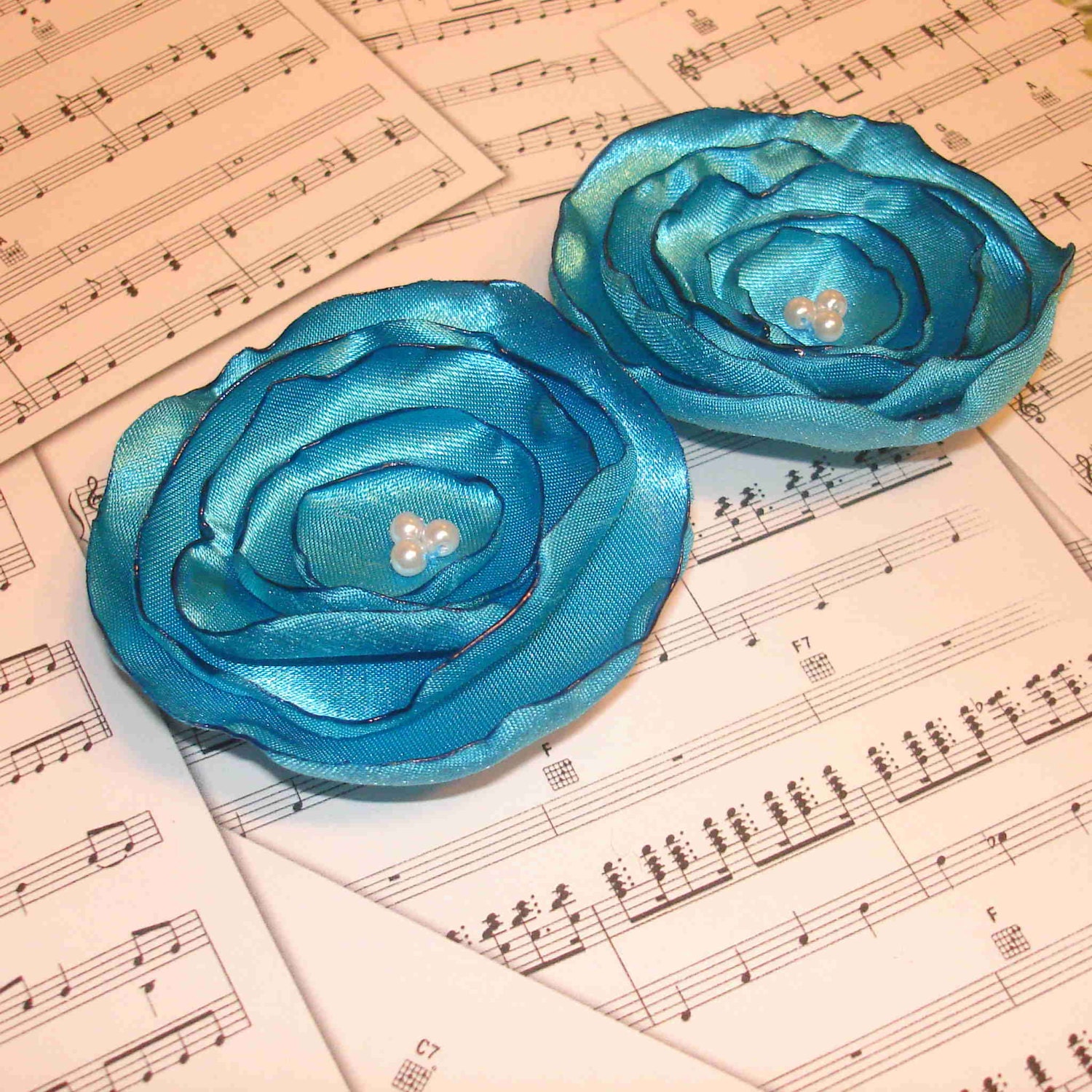 Wedding Hair Flowers - Set of 2 Tiffany Blue Fabric Flower Hair Clips