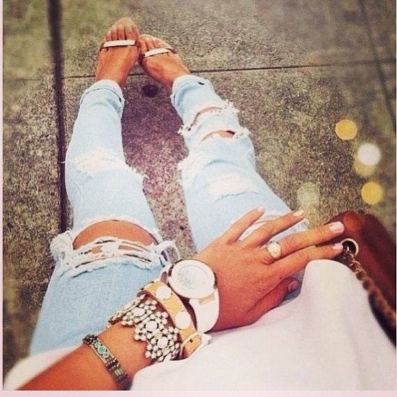 Shredded LightBlue Denim Jeans (Skinny or Straight) 