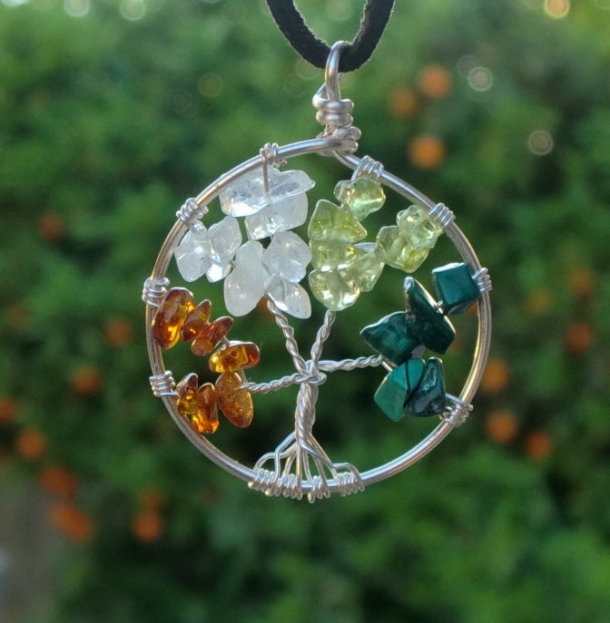 Tree of Life Jewelry - Four Seasons - Baltic Amber, Quartz, Peridot, Malachite - Made to Order - Wire Wrapped Tree - Silver Plated