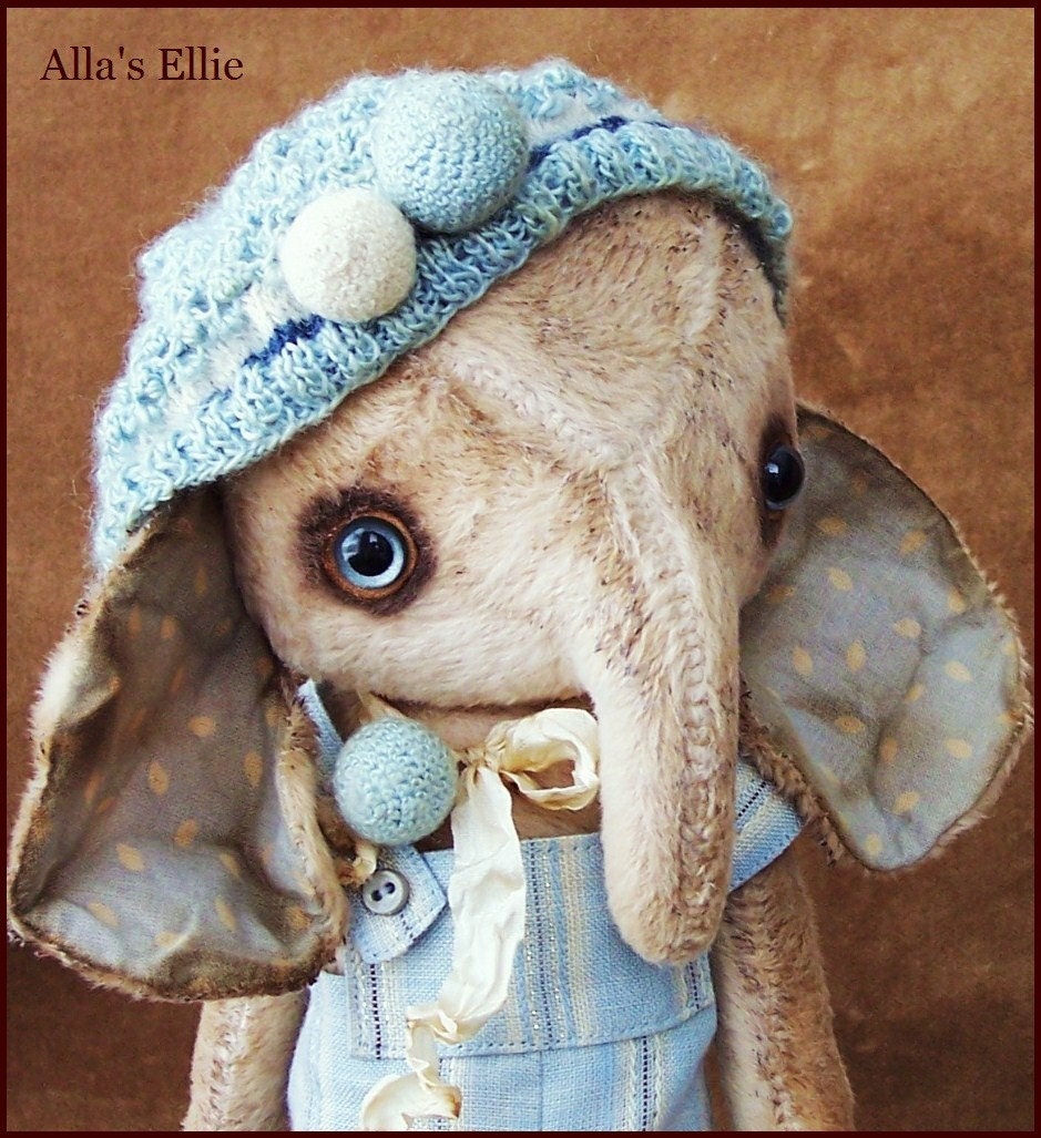 by Alla Bears original 9.5" artist Elephant collectible handmade art toy ooak Vintage baby boy in blue hat