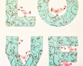 8"x10" Birdie L.O.V.E. Seafoam Green, Silver and Pink Handmade Wall Art