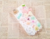 Light Yellow iPhone 4/4s Case Kawaii Decoden Case Music Notes Sweet Spring Theme Mint Green and Pink Cabochons Cherry Bow Snap on Case