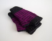 knit striped fingerless mittens-- the condyle vegan wristwarmers in purple and black