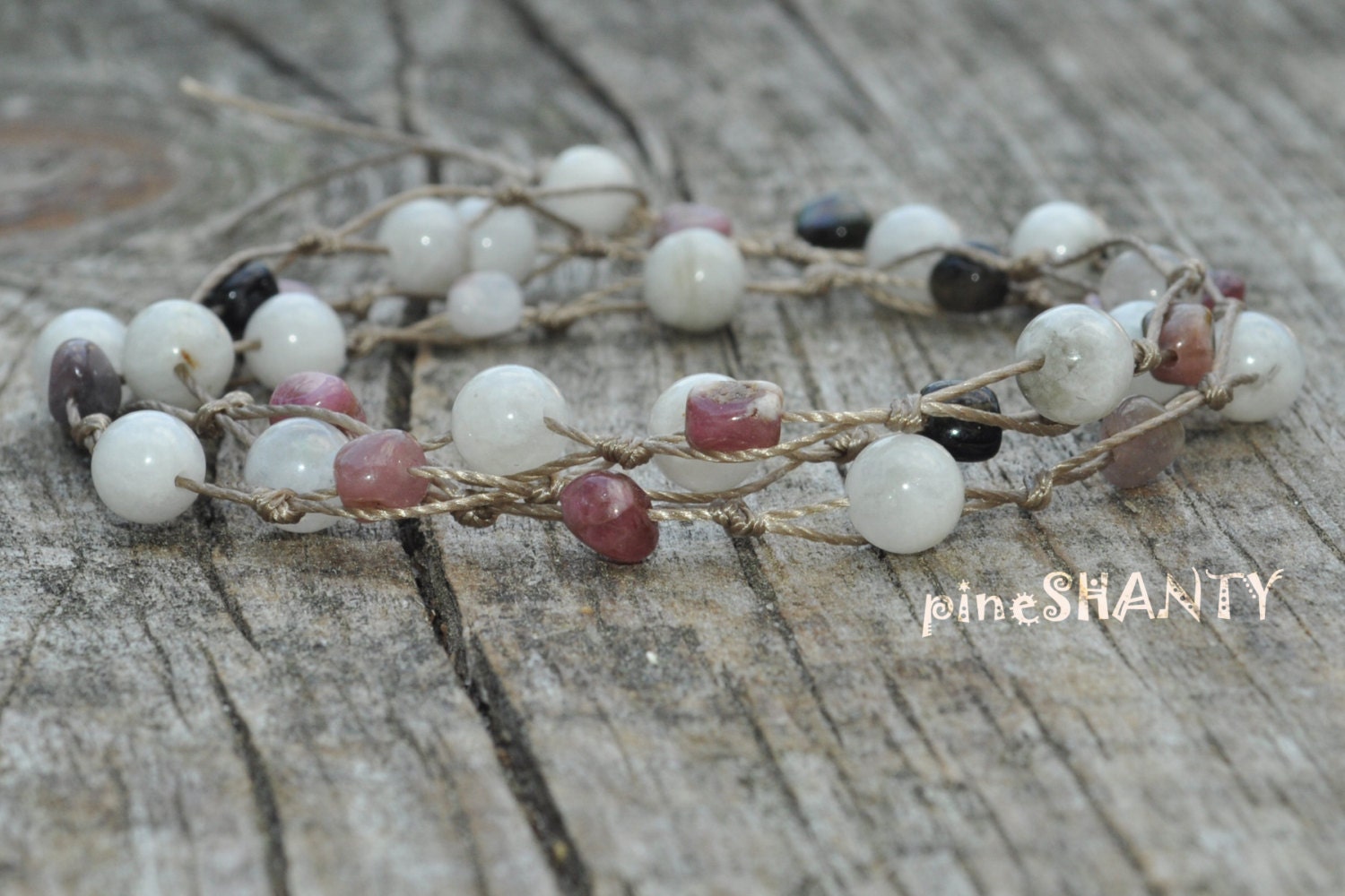 Moonstone- Tourmaline - Hand Knotted Necklace - Gemstone Jewelry -  Micro Macrame Necklace -  Cocoa Brown Nylon Fiber Cord - White - Pink