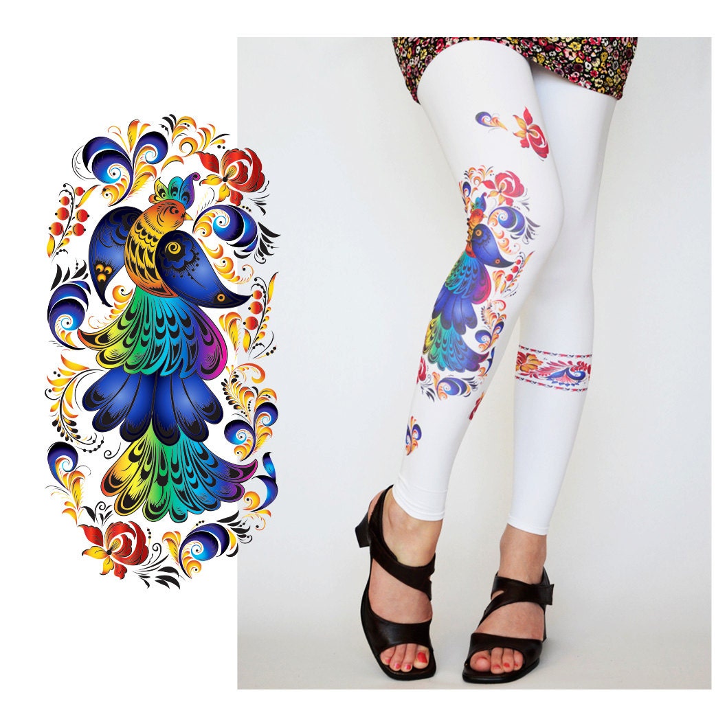 White Tights,Womens Legging,Russia Babushka Matryoshka, Firebird,Blue Red Print Bird,Tattoo Leggings,Clothing Russian Tights Handmade