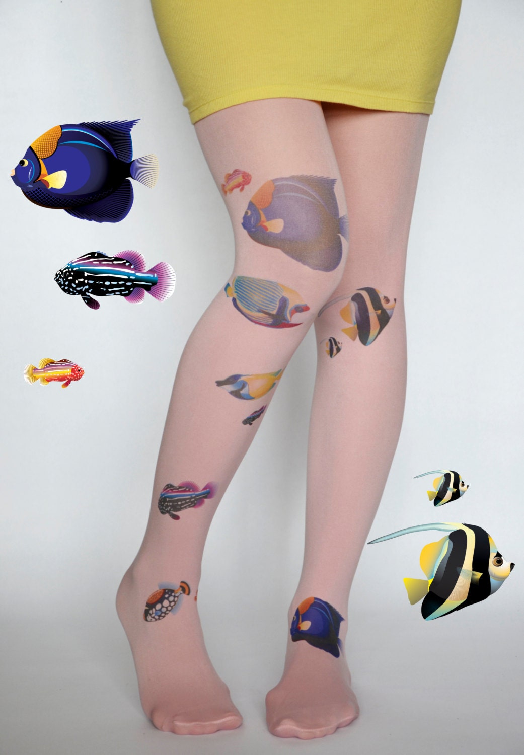 Fish Tattoo Tights Pantyhose,Old Pink tattoo Leggings, Tattoo Tights,Handmade Pantyhose