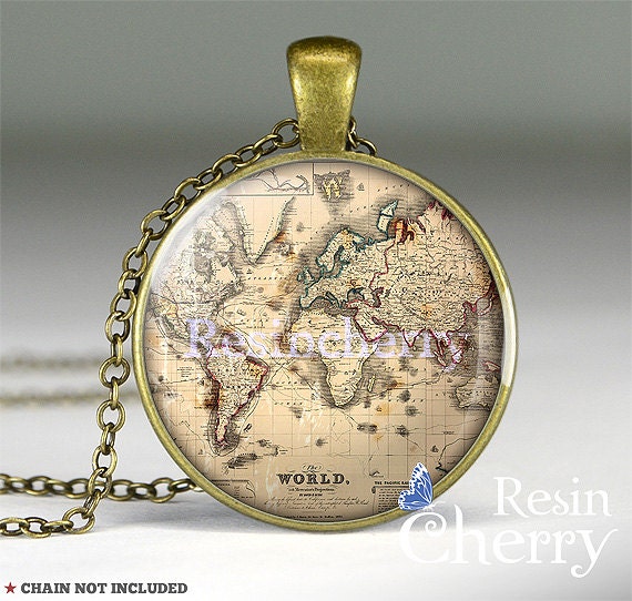 vintage World map necklace pendant, map jewelry charm, world map pendant charm,photo pendant- M8009CP