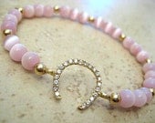 Celebrity Inspired Pink Cat Eye, 14K Gold Filled Beaded Crystal Horse Shoe Charm Stretch Bracelet