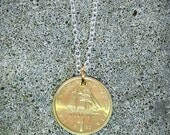 Vintage NECKLACE Greek Greece Nautical Sailboat Ship Ocean Foreign gold tone coin charm pendant silver tone link chain jewelry men women